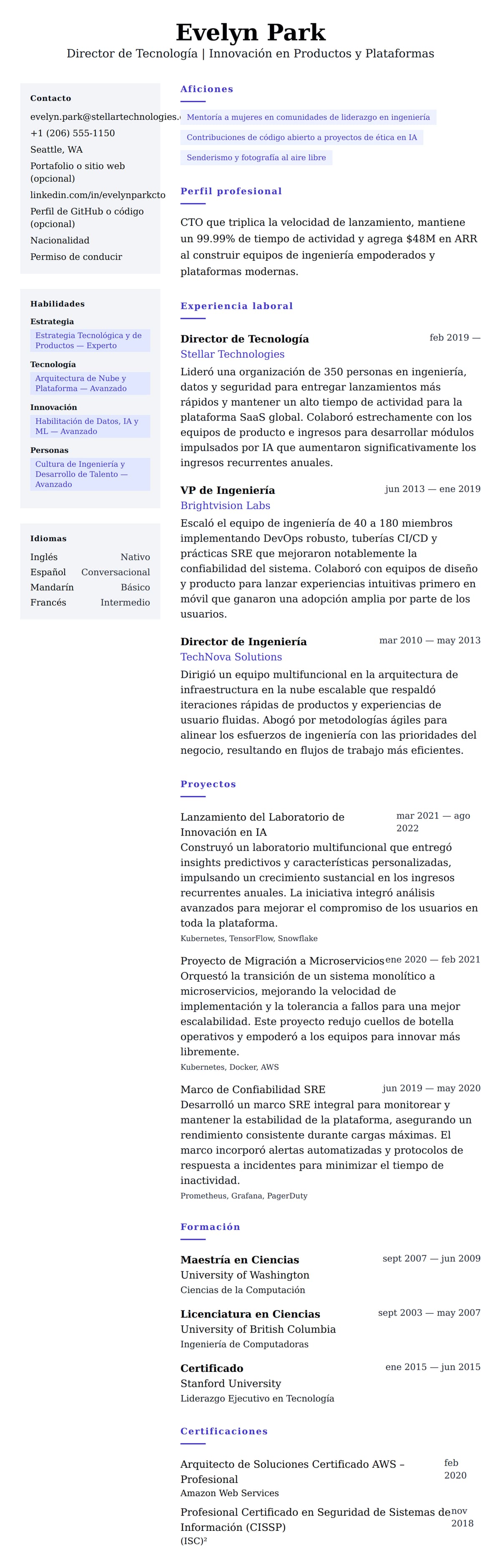 Vista previa del currículum Ejemplo de Currículum de Director de Tecnología