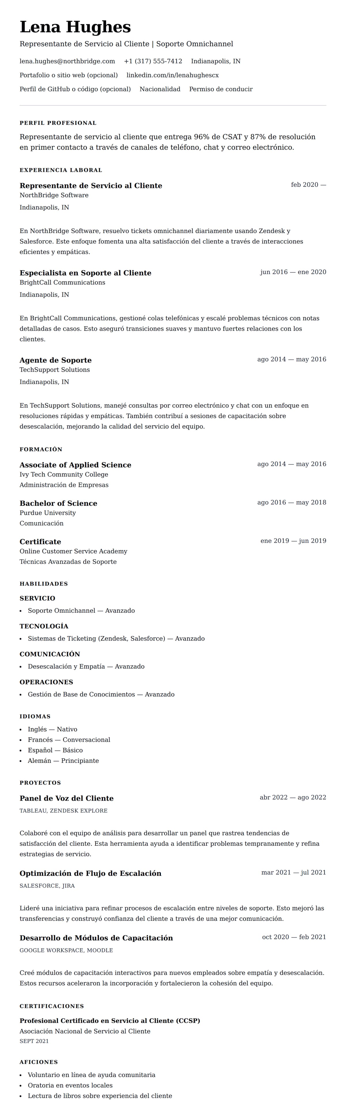 Vista previa del currículum Ejemplo de Currículum de Representante de Servicio al Cliente