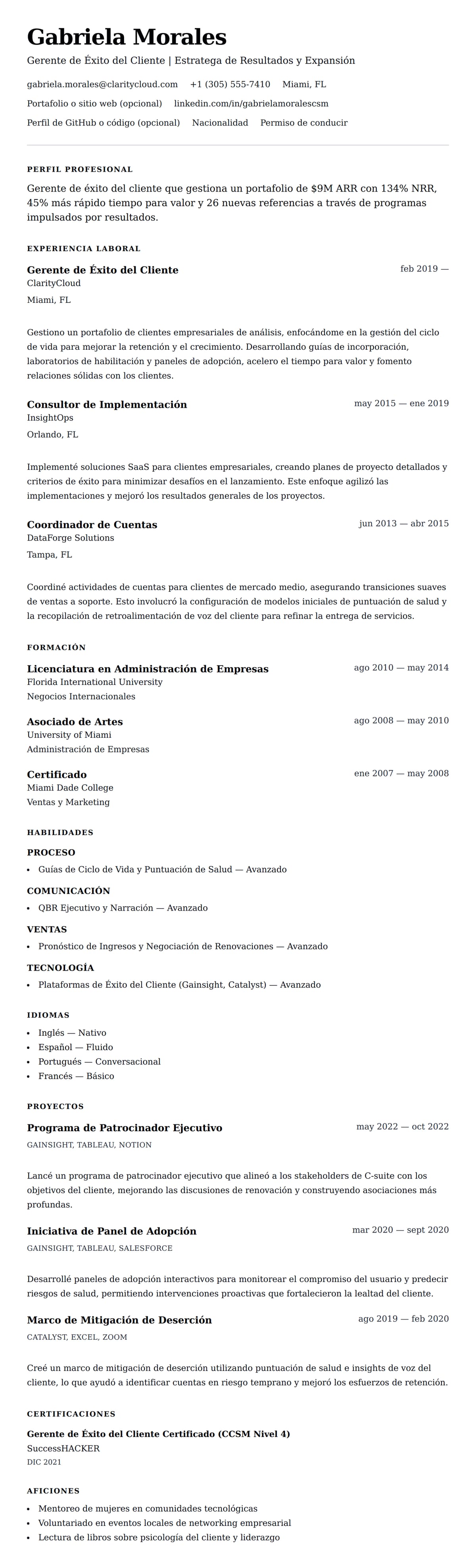 Vista previa del currículum Ejemplo de Currículum de Gerente de Éxito del Cliente