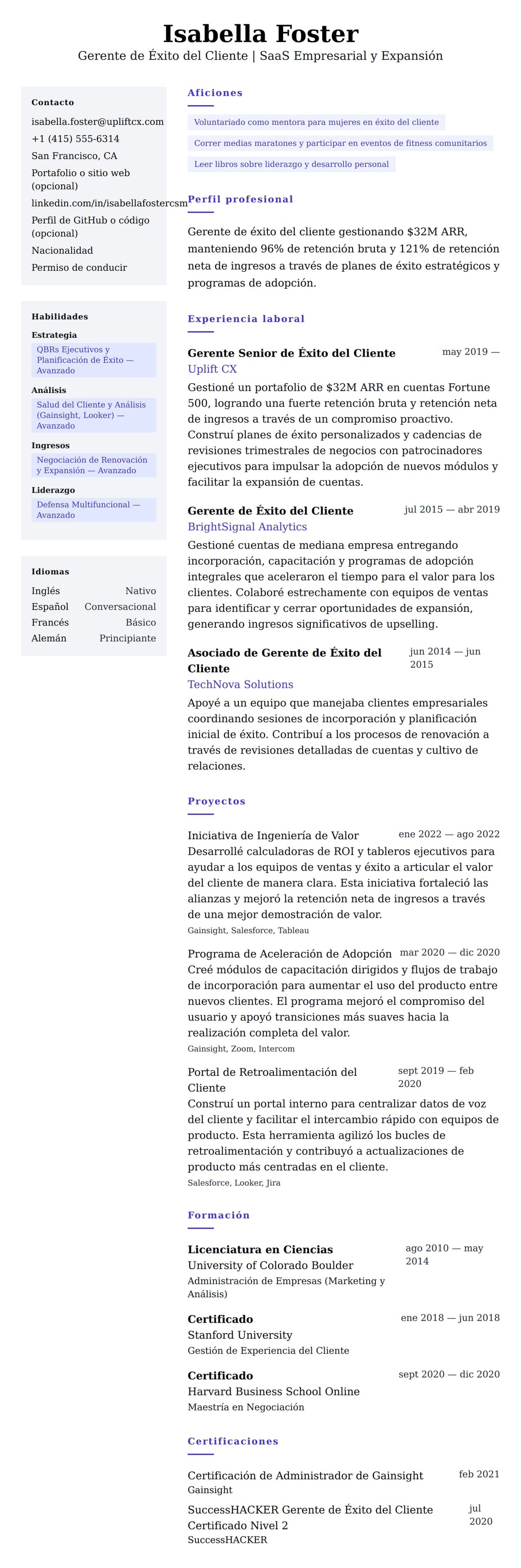 Vista previa del currículum Ejemplo de Currículum de Gerente de Éxito del Cliente