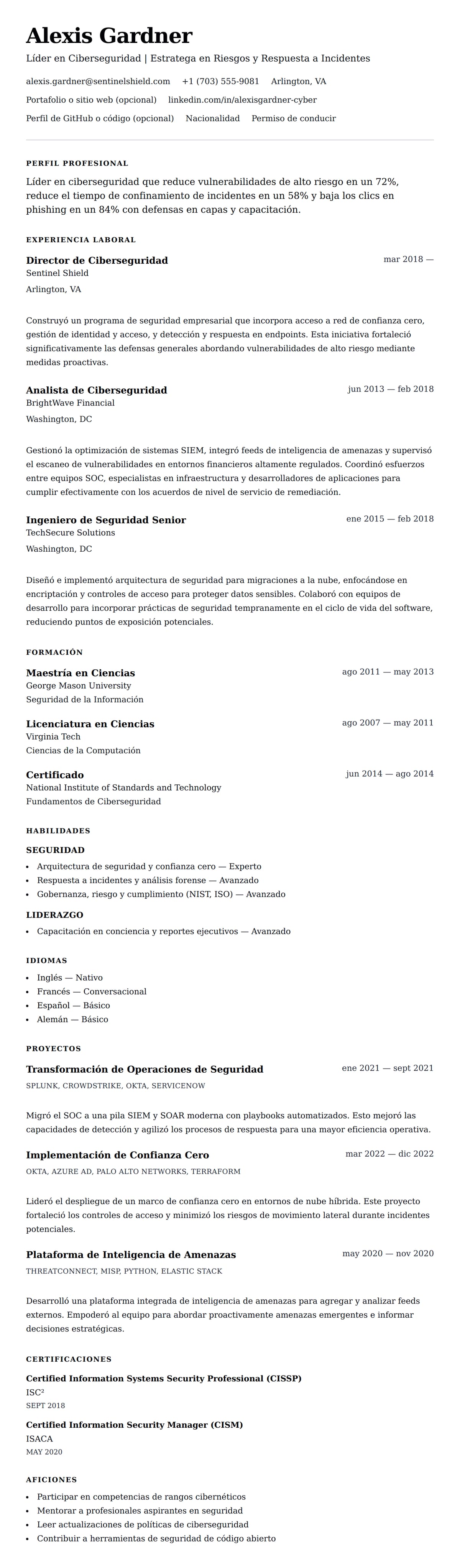 Vista previa del currículum Ejemplo de Currículum de Profesional en Ciberseguridad
