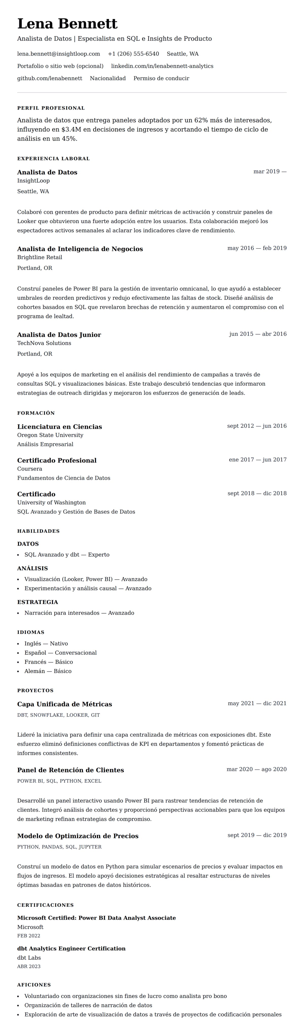 Vista previa del currículum Ejemplo de Currículum de Analista de Datos