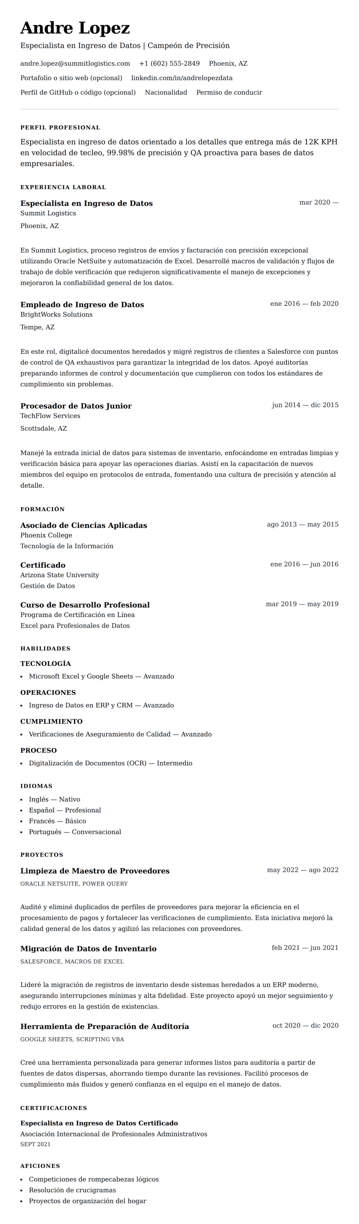 Vista previa del currículum Ejemplo de Currículum de Especialista en Ingreso de Datos