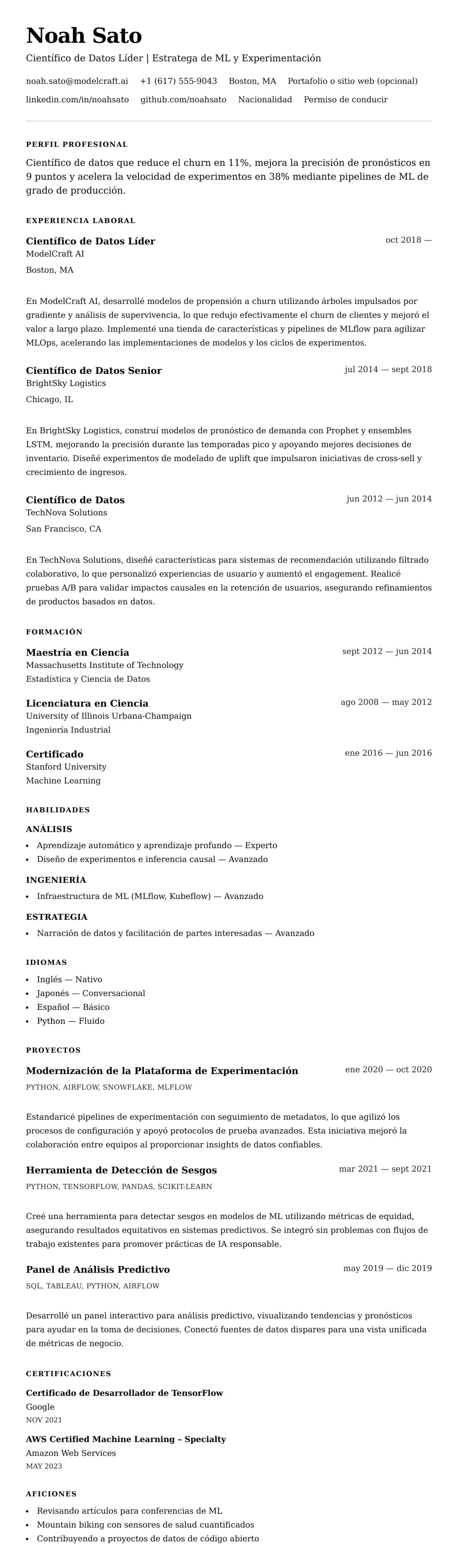 Vista previa del currículum Ejemplo de Currículum de Científico de Datos