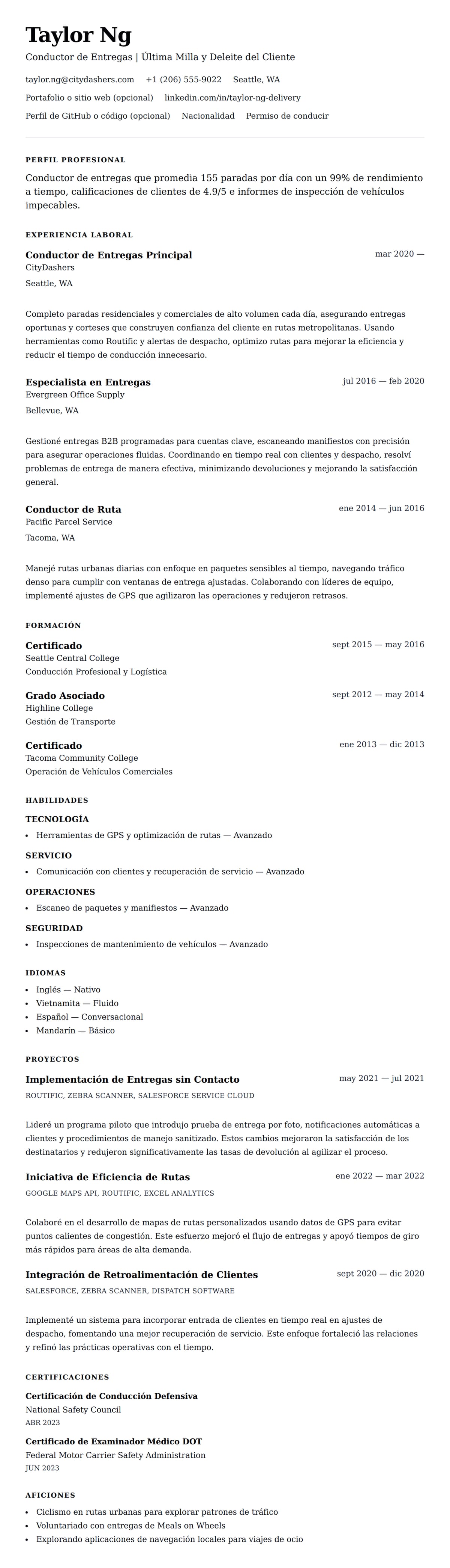 Vista previa del currículum Ejemplo de Currículum de Conductor de Entregas