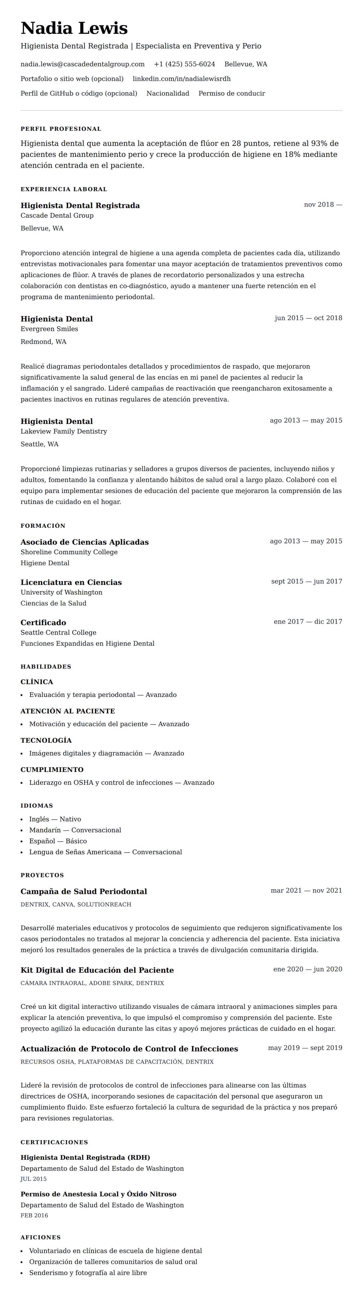 Vista previa del currículum Ejemplo de Currículum de Higienista Dental