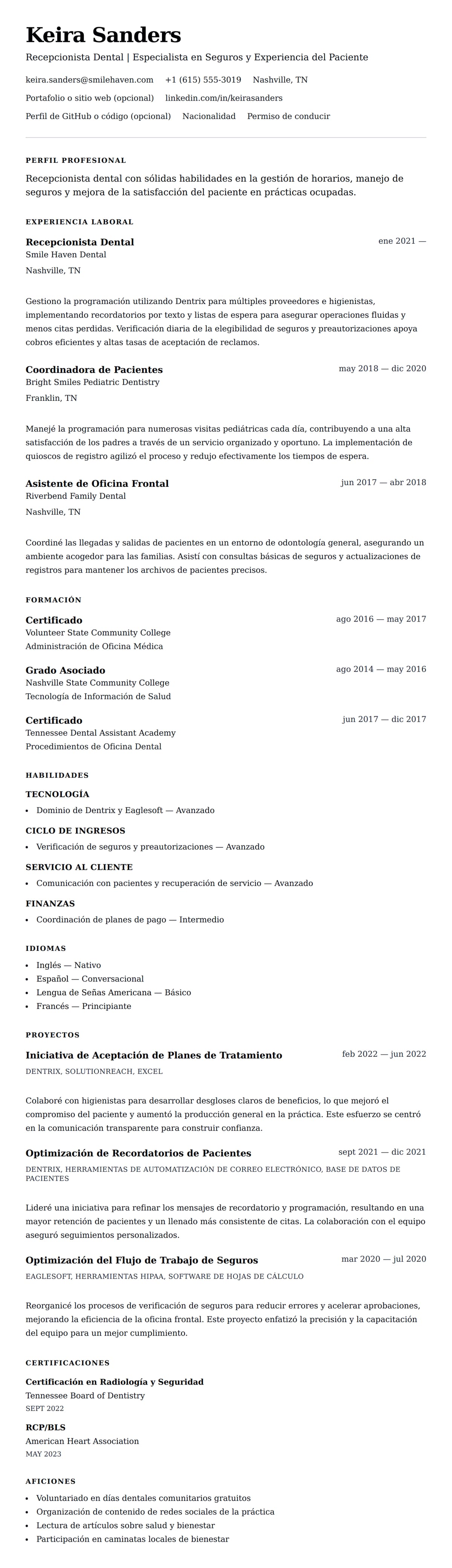Vista previa del currículum Ejemplo de Currículum de Recepcionista Dental