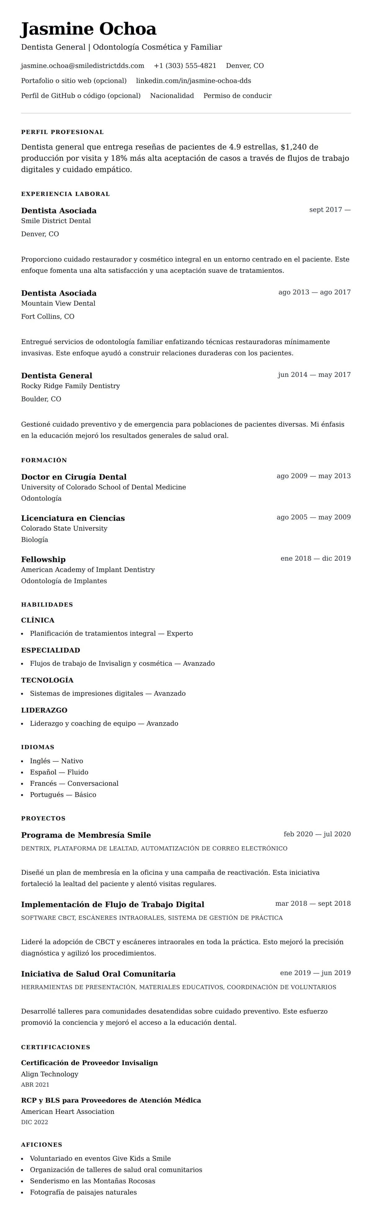Vista previa del currículum Ejemplo de Currículum de Dentista
