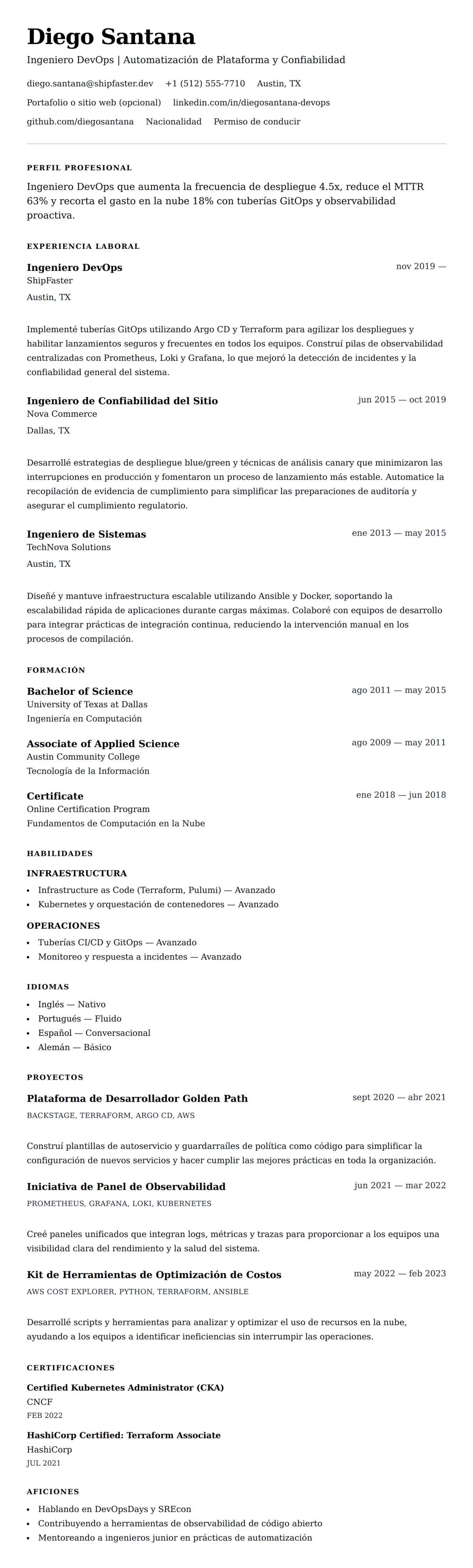 Vista previa del currículum Ejemplo de Currículum de Ingeniero DevOps