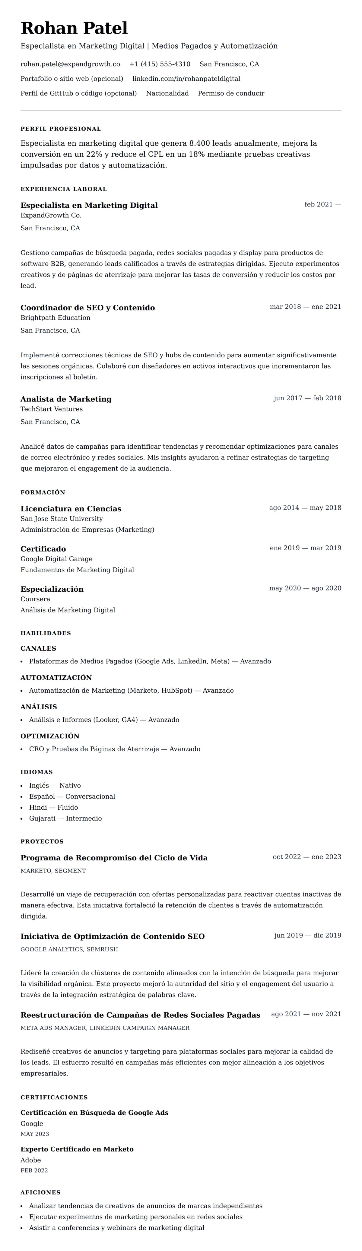 Vista previa del currículum Ejemplo de Currículum de Especialista en Marketing Digital