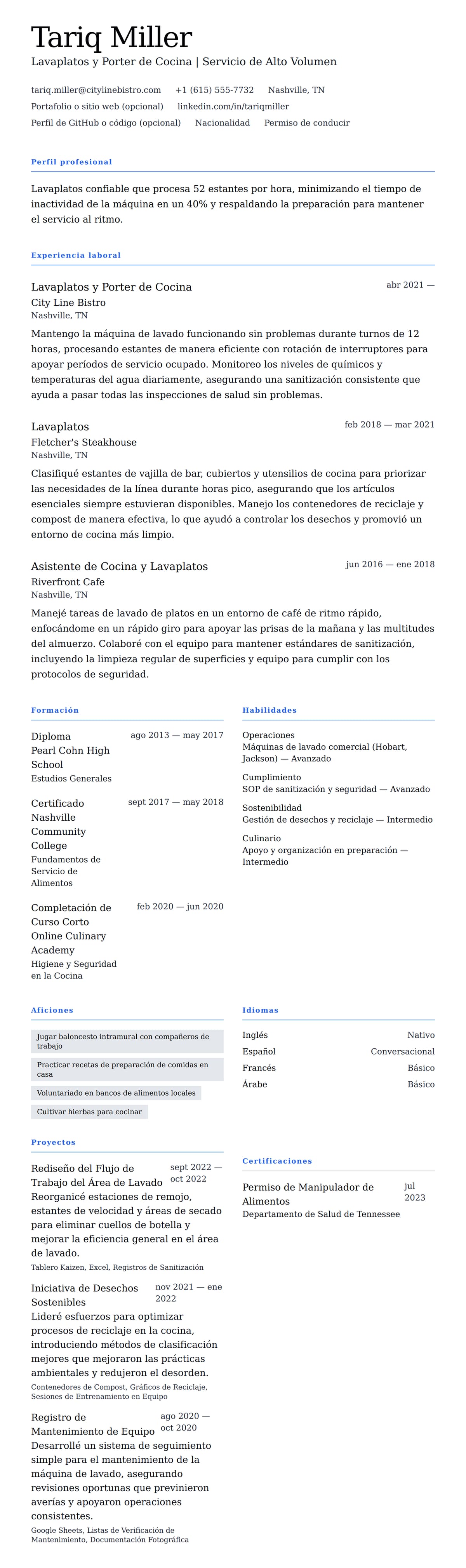 Vista previa del currículum Ejemplo de Currículum de Lavaplatos