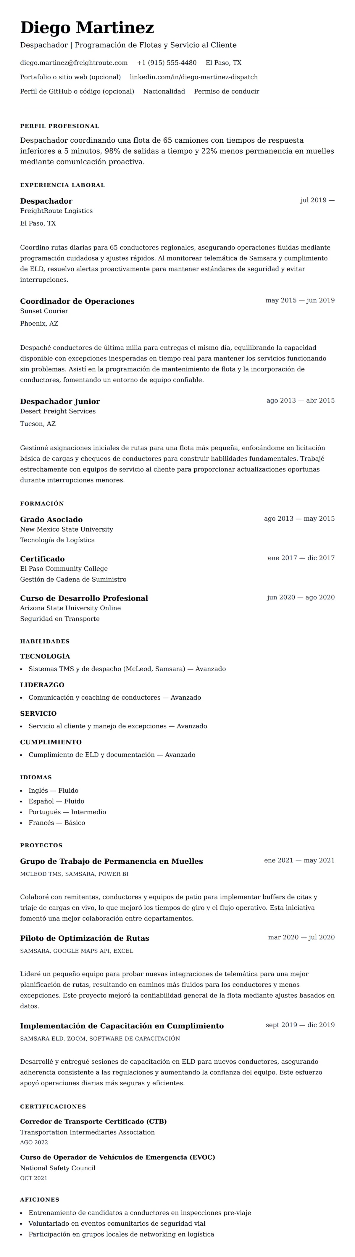 Vista previa del currículum Ejemplo de Currículum de Despachador
