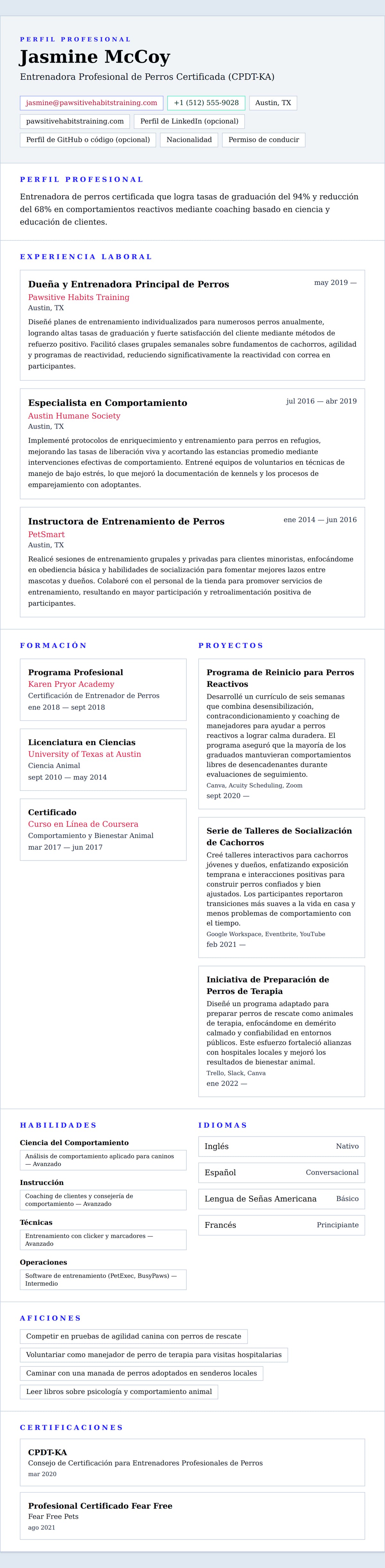 Vista previa del currículum Ejemplo de Currículum de Entrenador de Perros