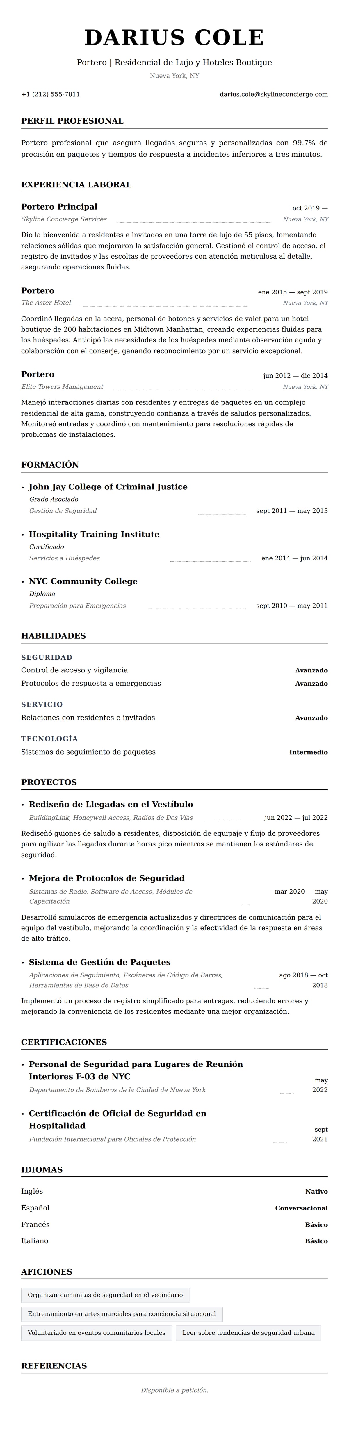 Vista previa del currículum Ejemplo de Currículum de Portero