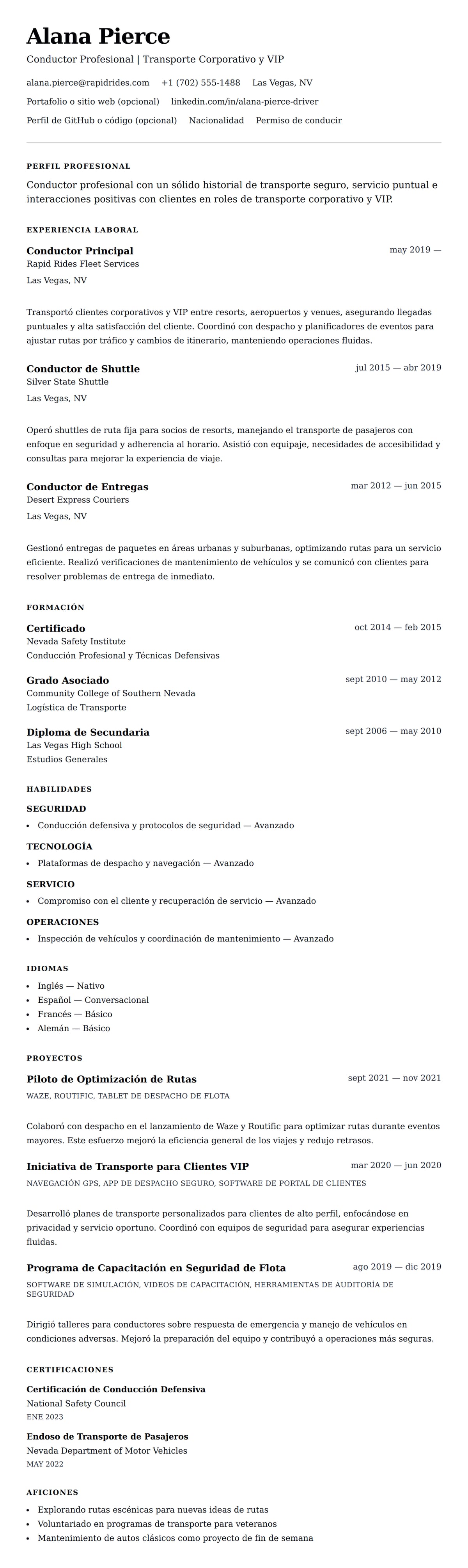 Vista previa del currículum Ejemplo de Currículum de Conductor