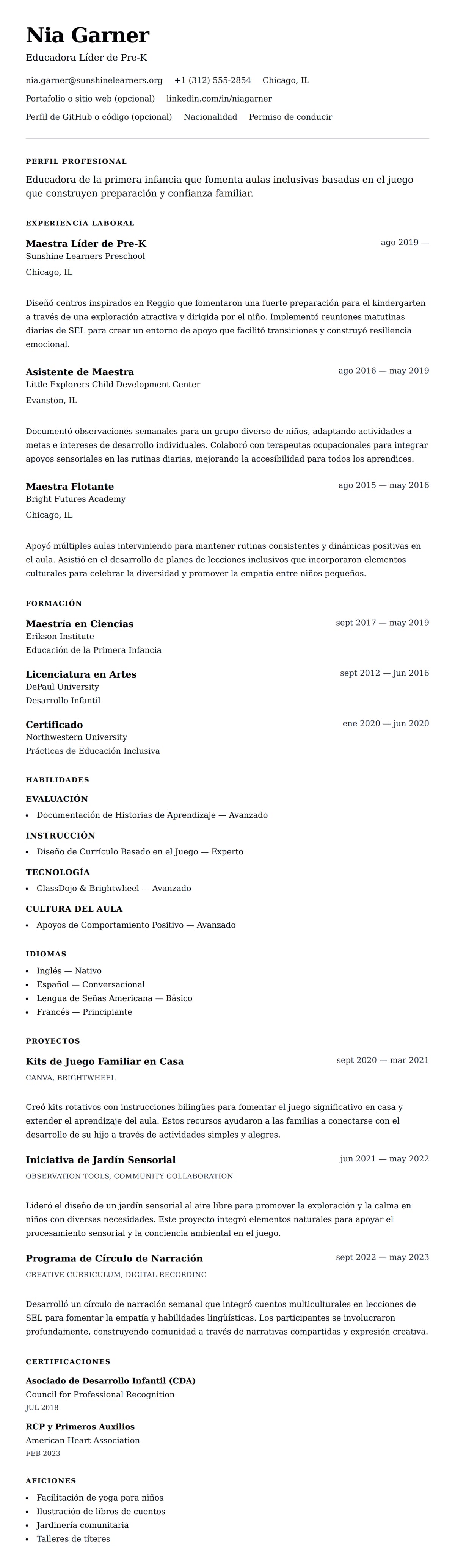 Vista previa del currículum Ejemplo de Currículum de Educador de la Primera Infancia