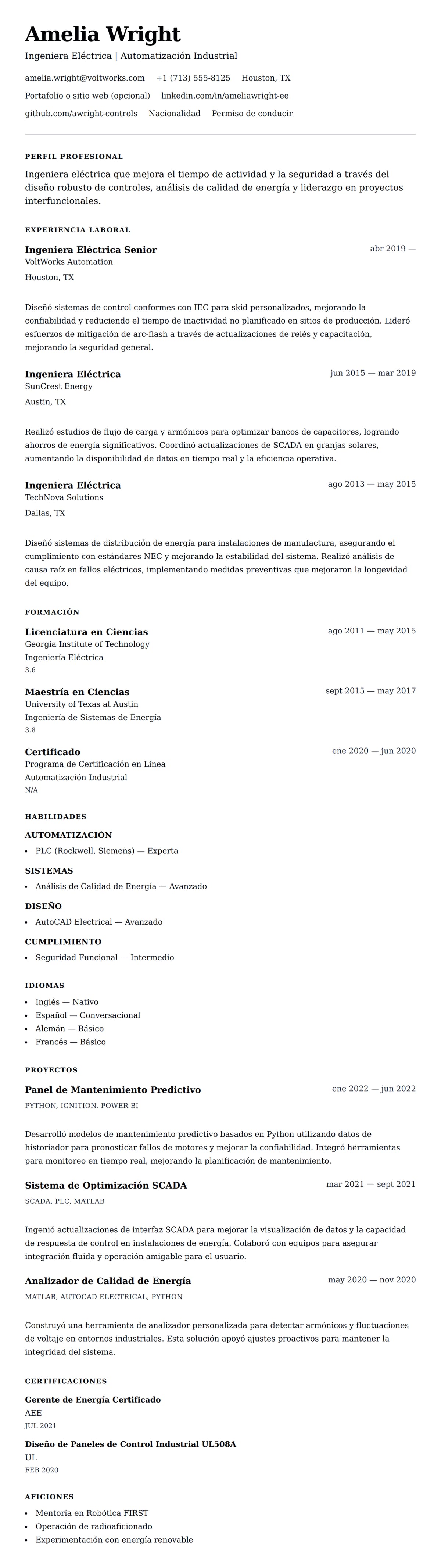 Vista previa del currículum Ejemplo de Currículum de Ingeniero Eléctrico