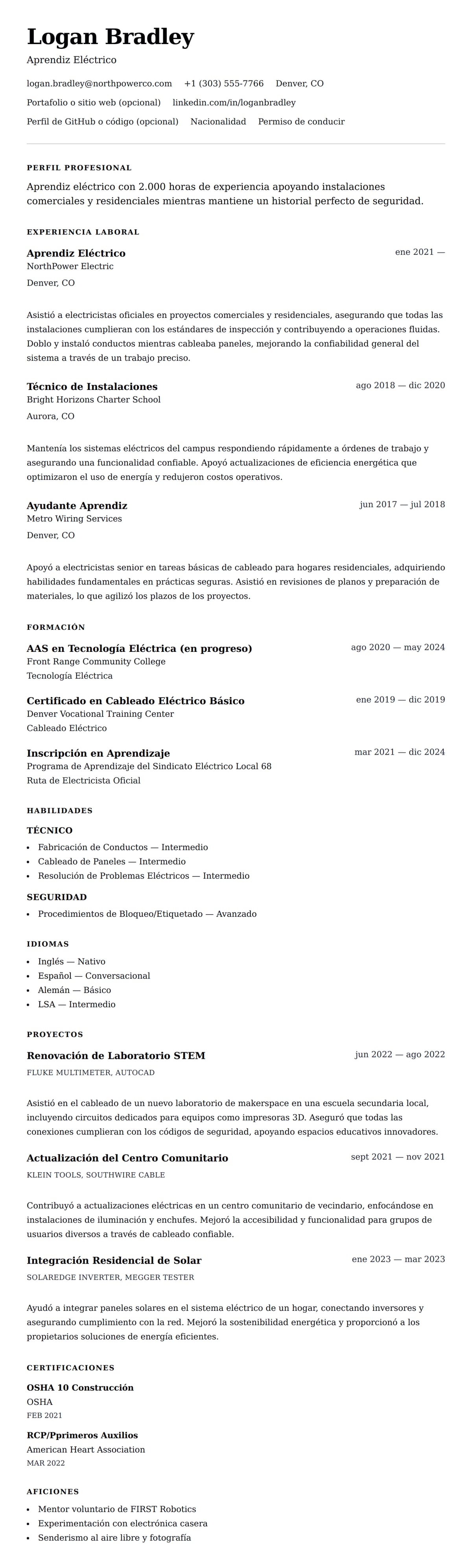 Vista previa del currículum Ejemplo de Currículum de Aprendiz de Electricista