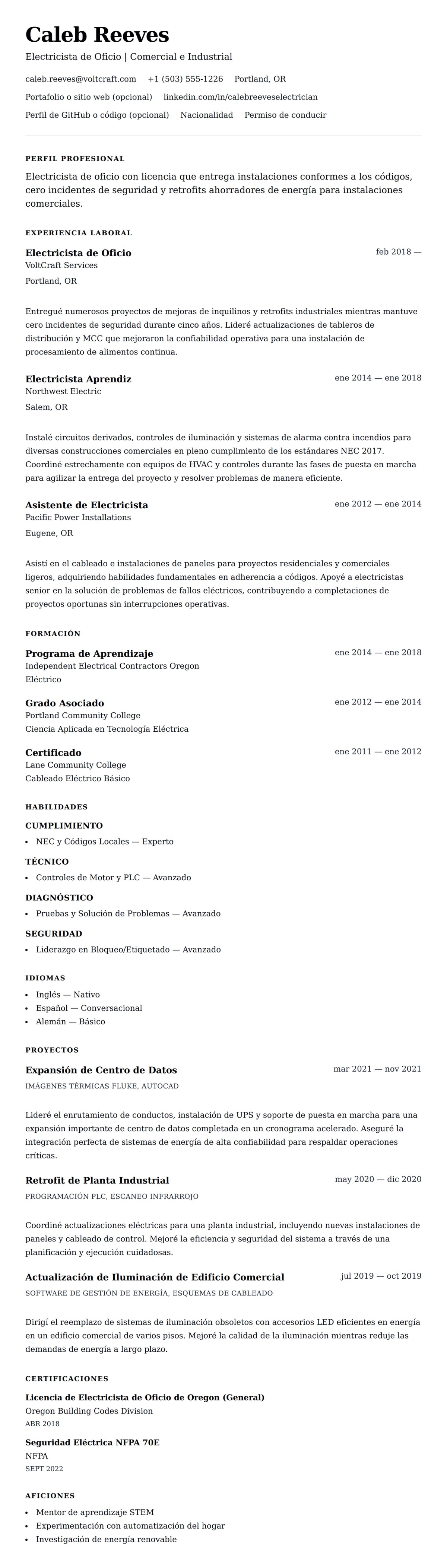 Vista previa del currículum Ejemplo de Currículum de Electricista