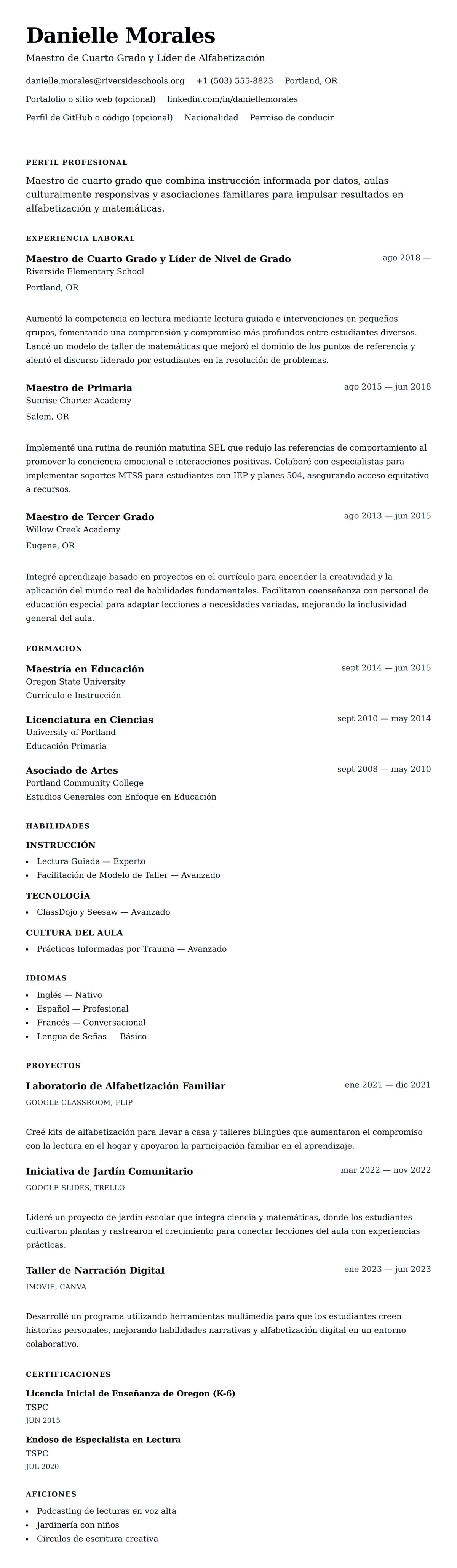 Vista previa del currículum Ejemplo de Currículum de Maestro de Escuela Primaria