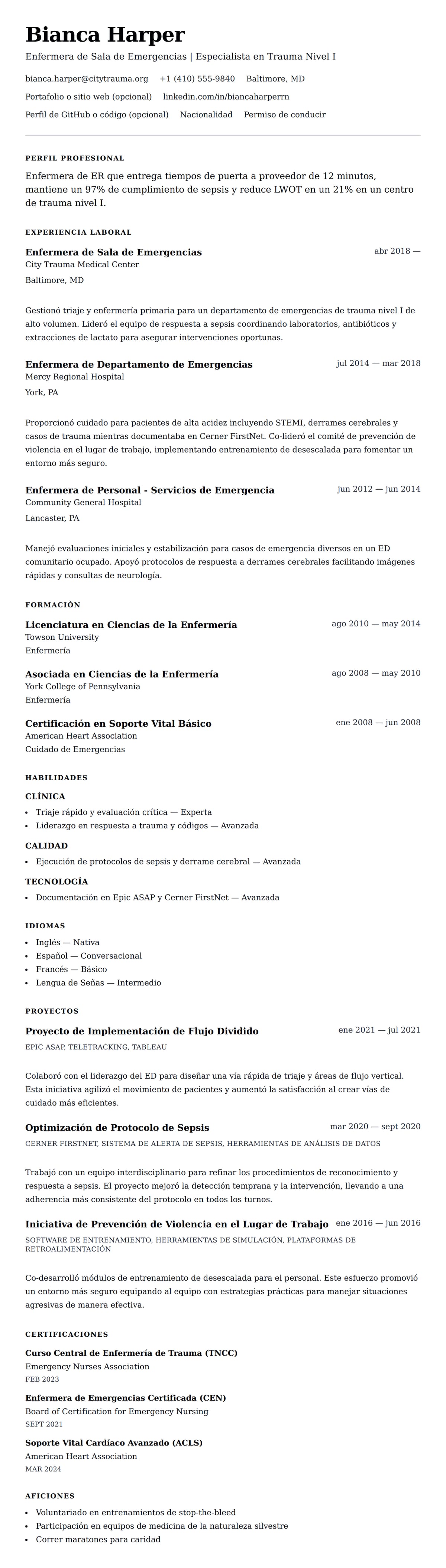 Vista previa del currículum Ejemplo de Currículum de Enfermera de Sala de Emergencias (ER)