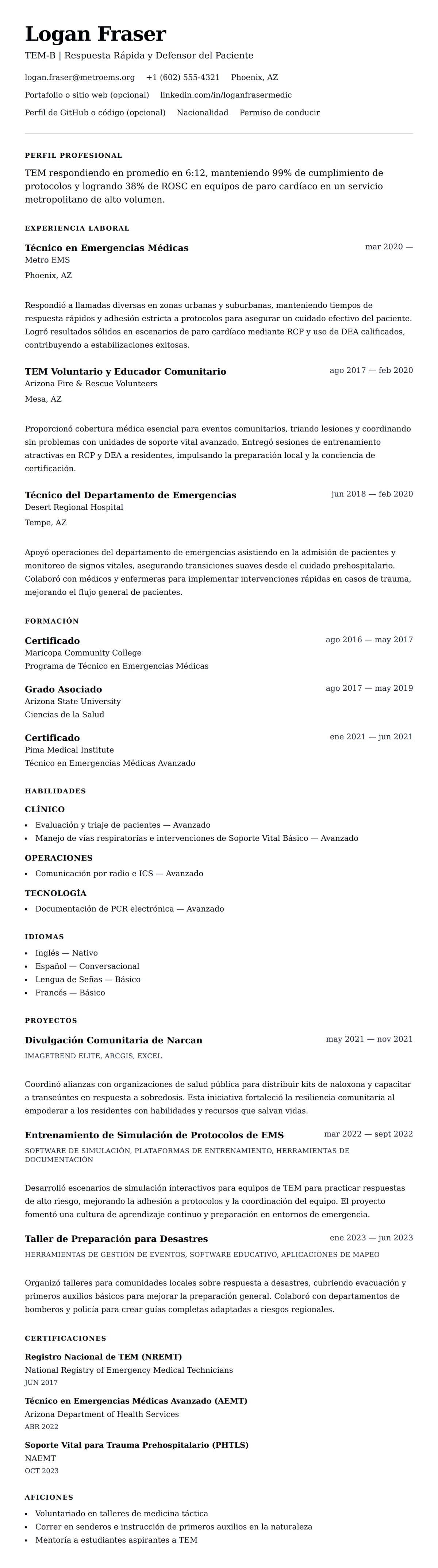 Vista previa del currículum Ejemplo de Currículum de Técnico en Emergencias Médicas (TEM)