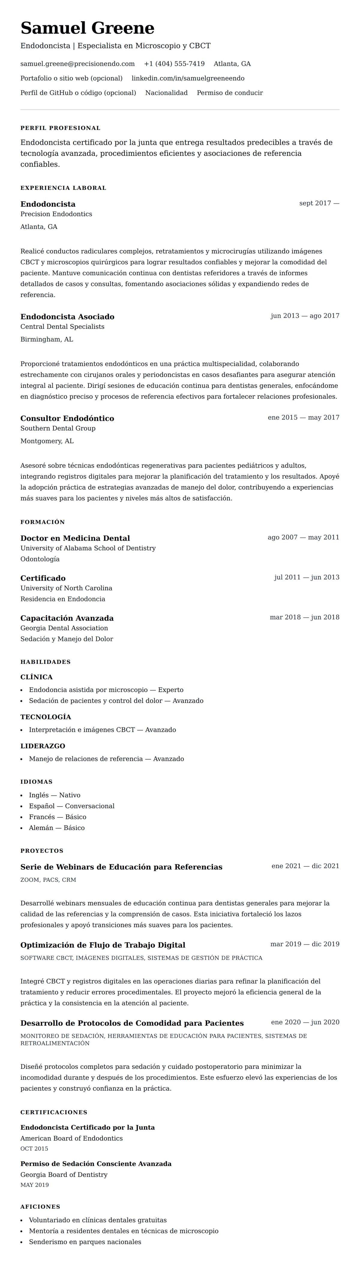 Vista previa del currículum Ejemplo de Currículum de Endodoncista