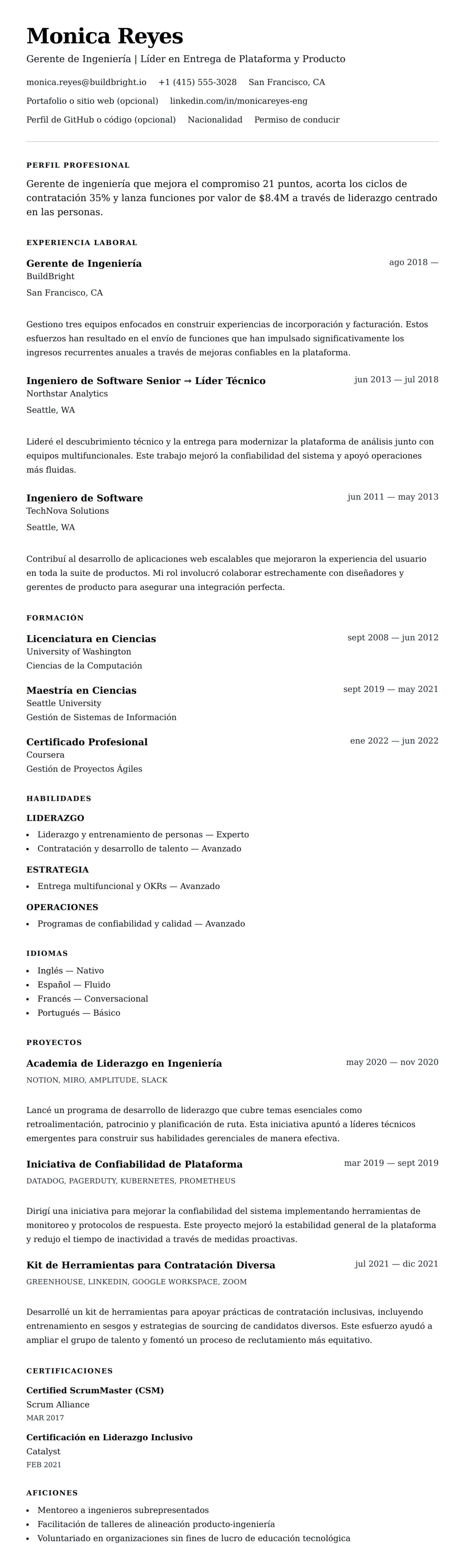 Vista previa del currículum Ejemplo de Currículum de Gerente de Ingeniería