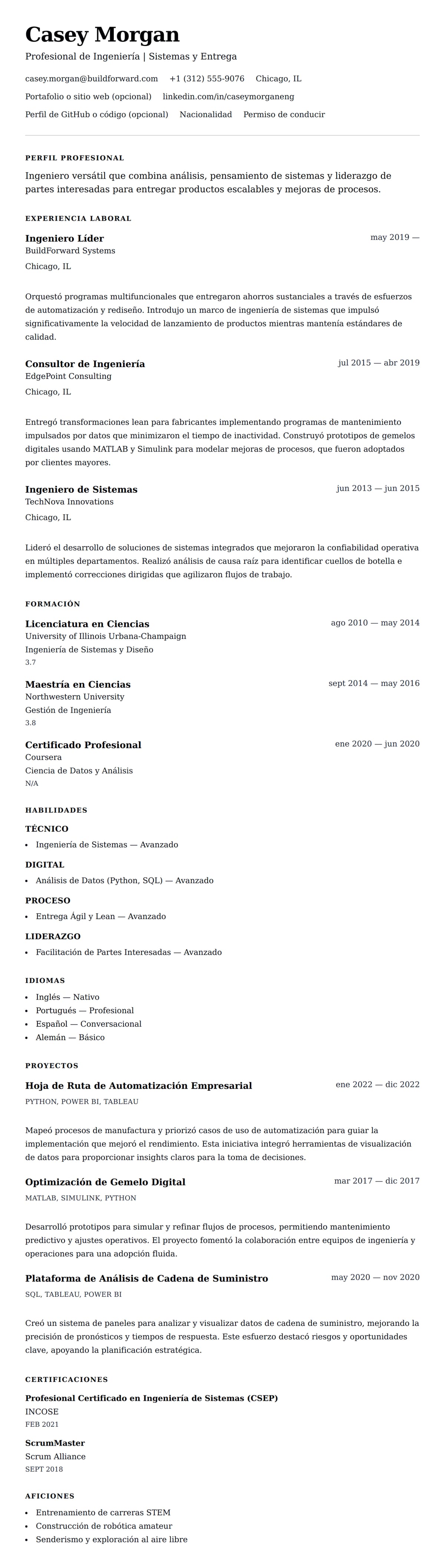 Vista previa del currículum Ejemplo de Currículum de Ingeniería