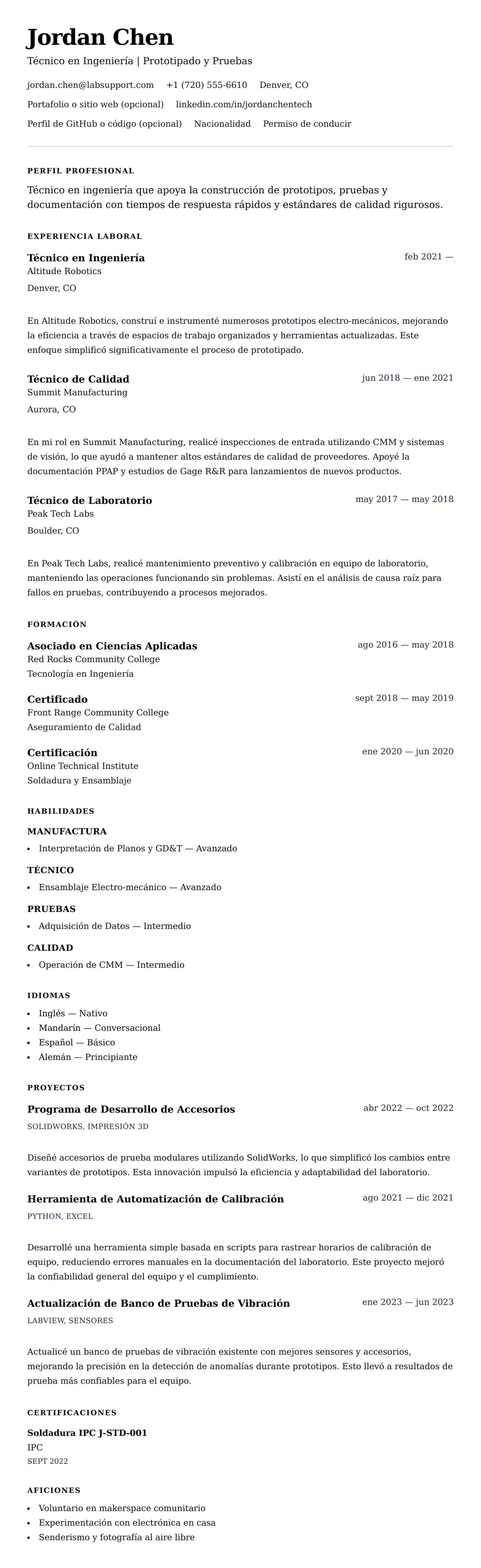 Vista previa del currículum Ejemplo de Currículum de Técnico