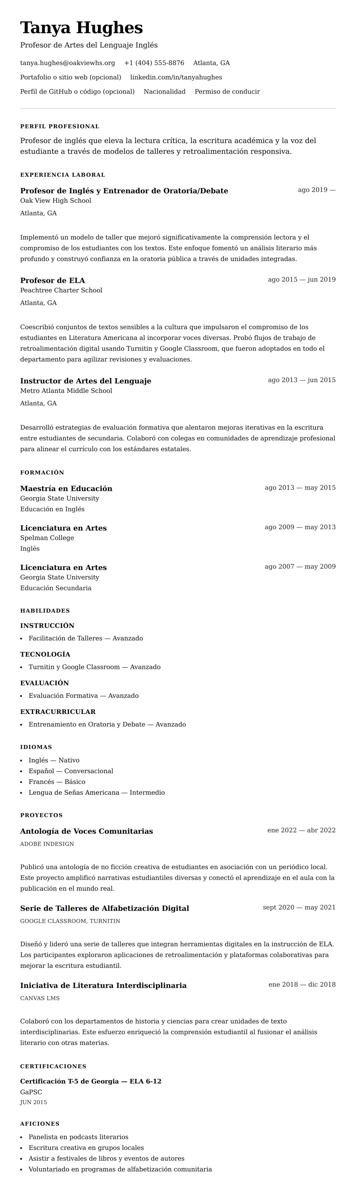 Vista previa del currículum Ejemplo de Currículum de Profesor de Inglés