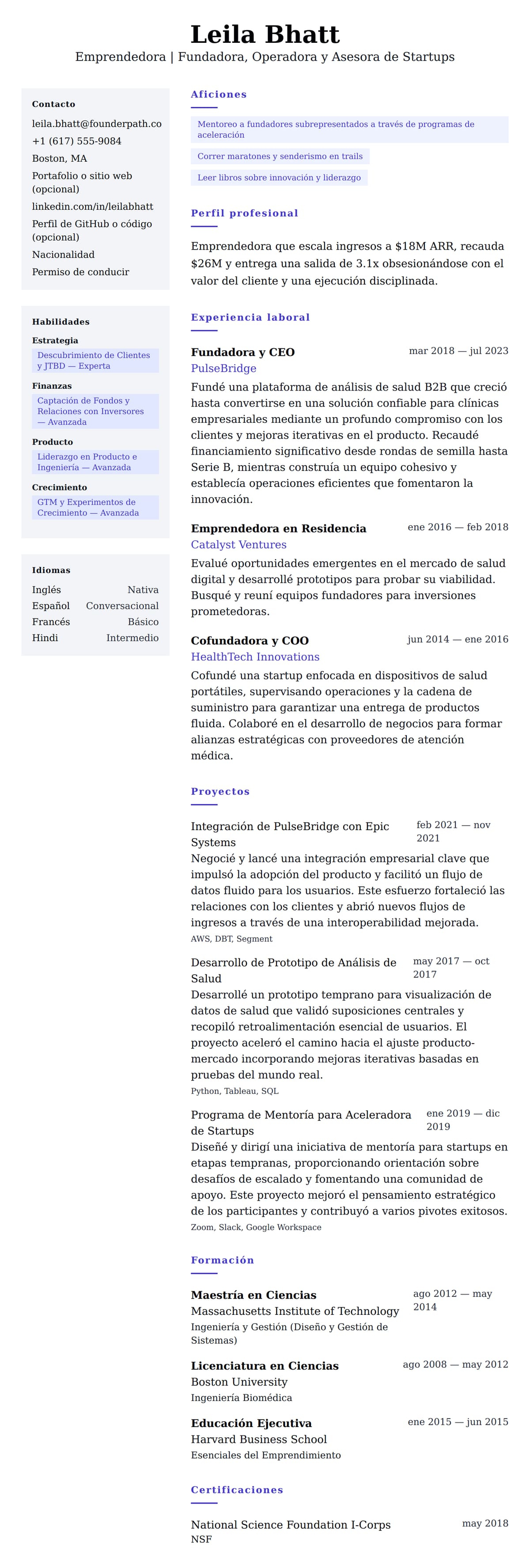 Vista previa del currículum Ejemplo de Currículum de Emprendedor