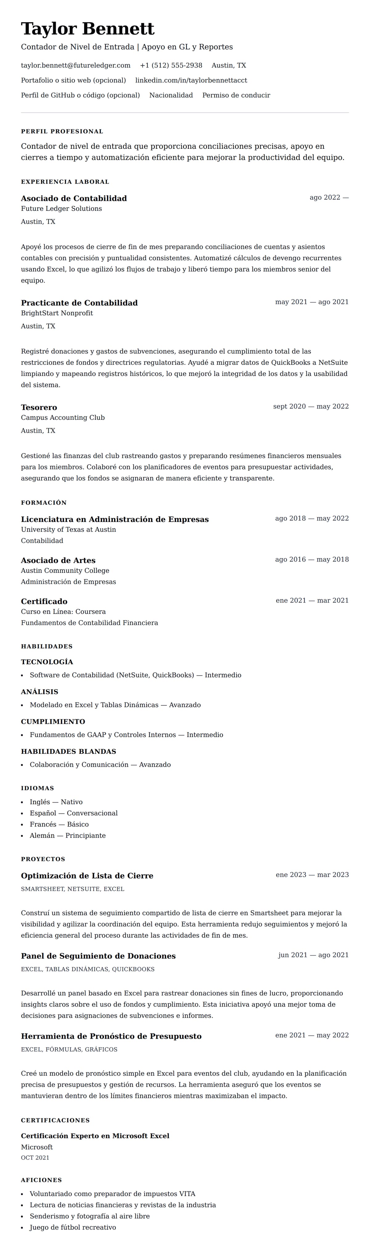 Vista previa del currículum Ejemplo de Currículum de Contador de Nivel de Entrada