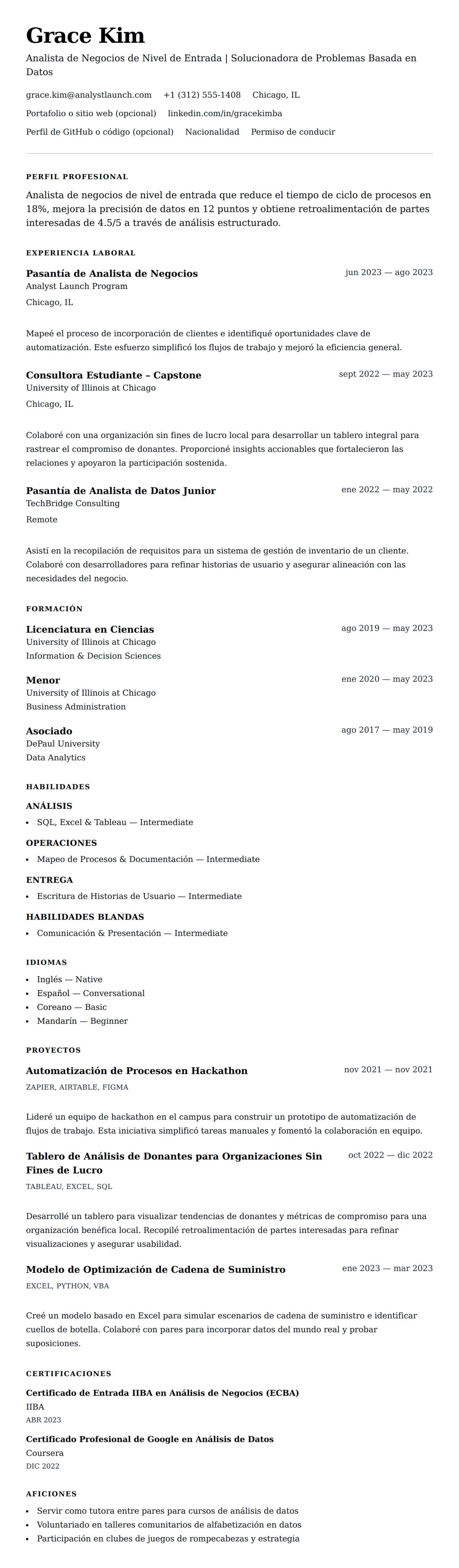 Vista previa del currículum Ejemplo de Currículum de Analista de Negocios de Nivel de Entrada