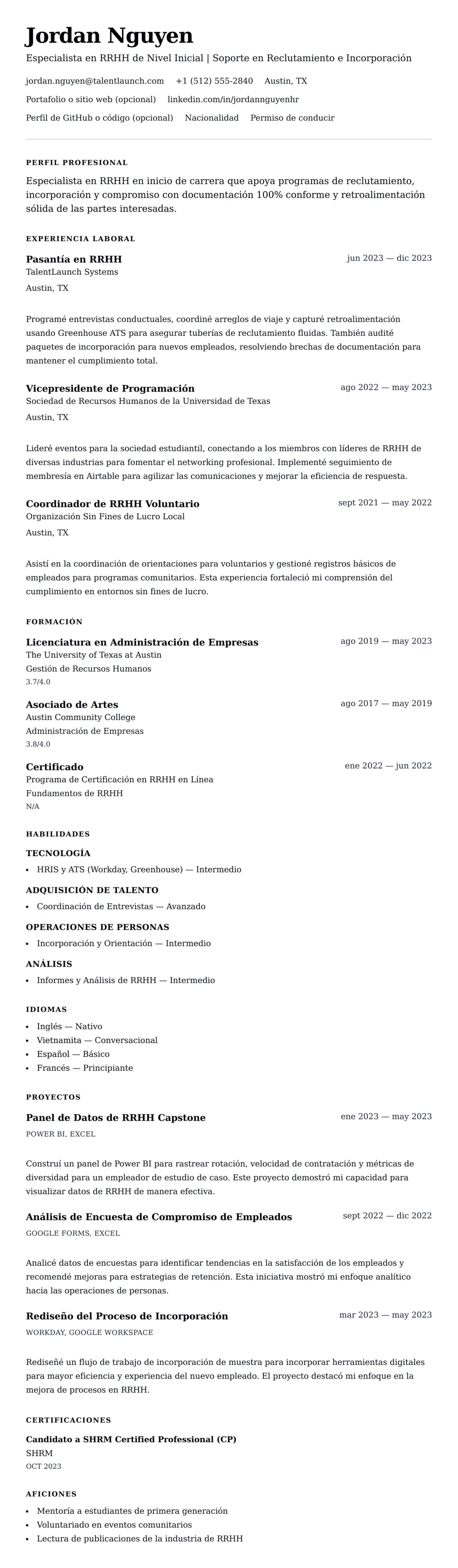 Vista previa del currículum Ejemplo de Currículum de Especialista en RRHH de Nivel Inicial