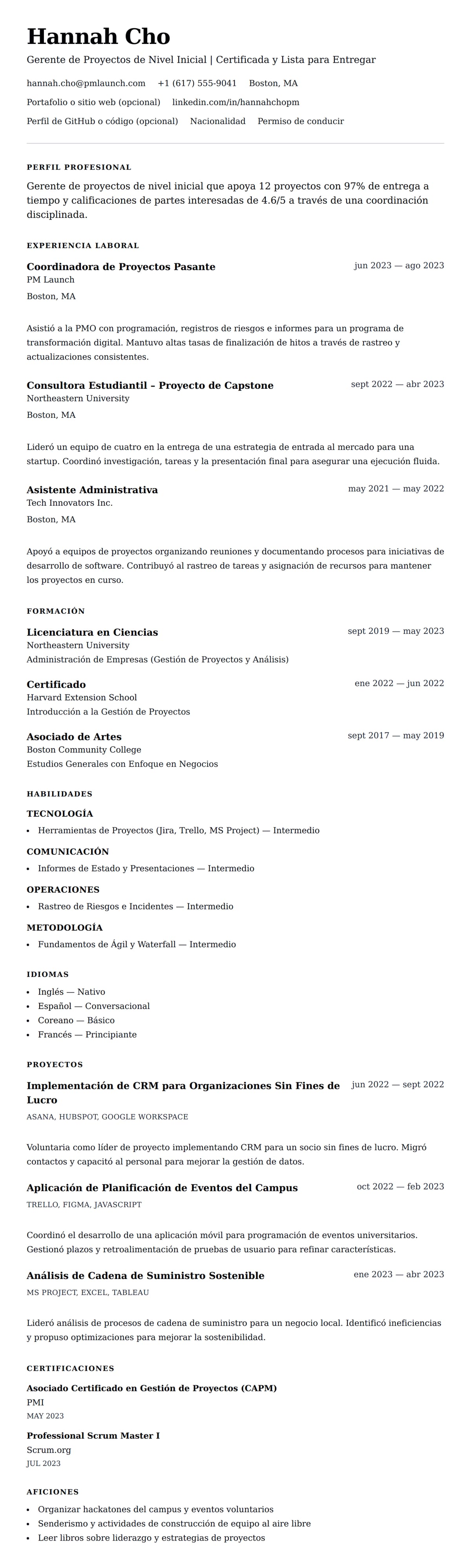 Vista previa del currículum Ejemplo de Currículum de Gerente de Proyectos de Nivel Inicial