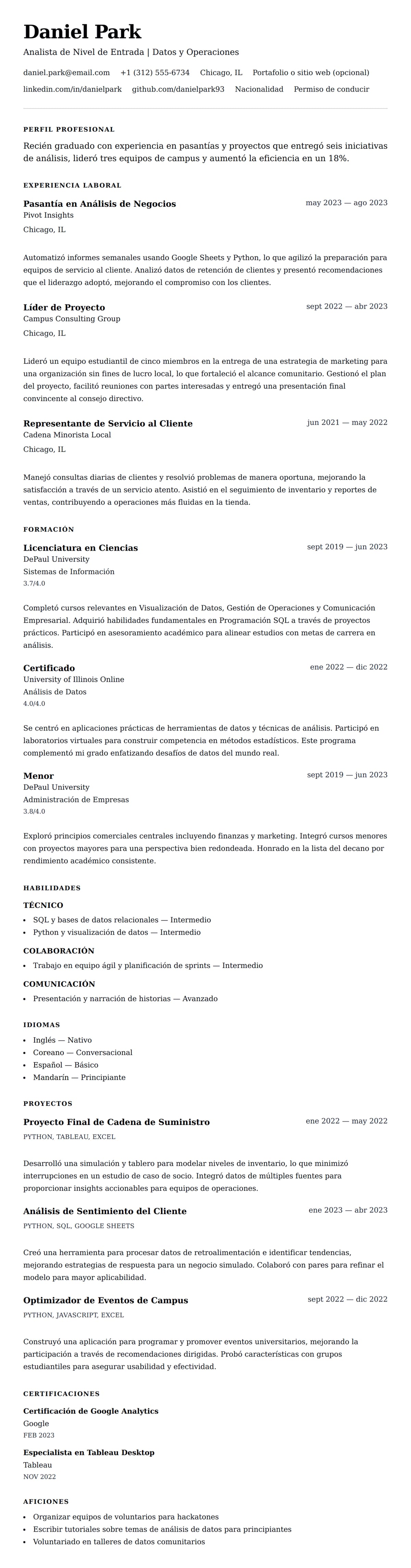 Vista previa del currículum Ejemplo de Currículum de Nivel de Entrada