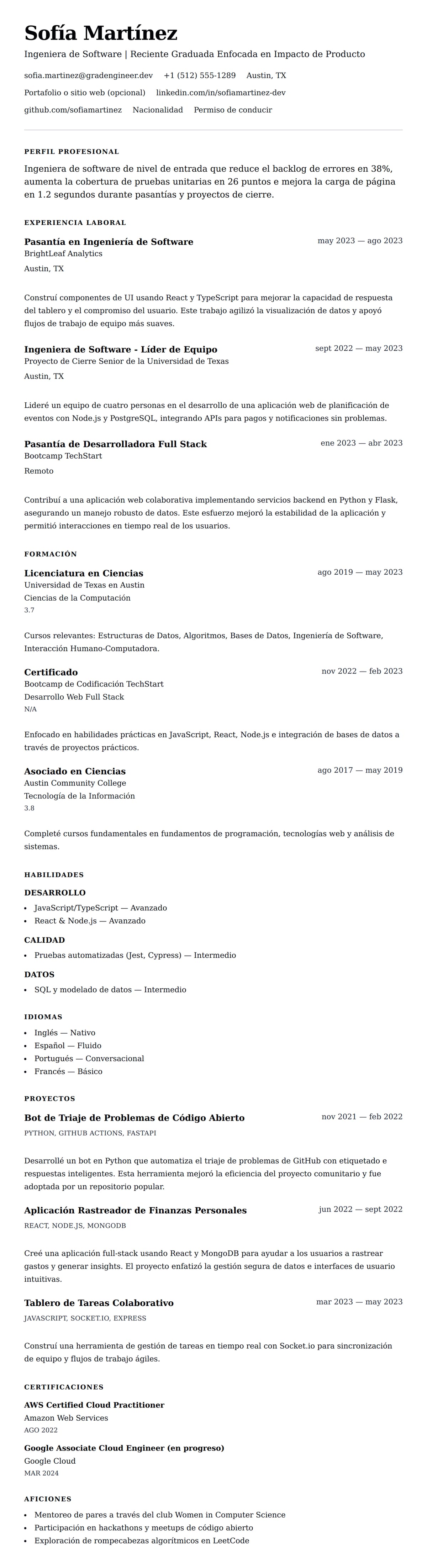Vista previa del currículum Ejemplo de Currículum de Ingeniero de Software de Nivel de Entrada