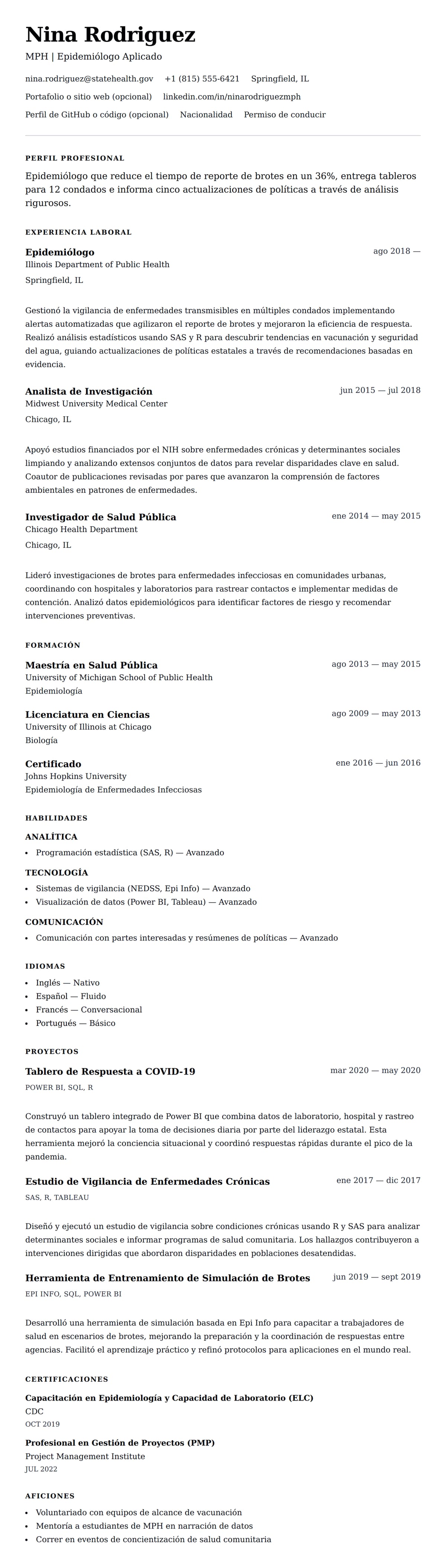 Vista previa del currículum Ejemplo de Currículum de Epidemiólogo