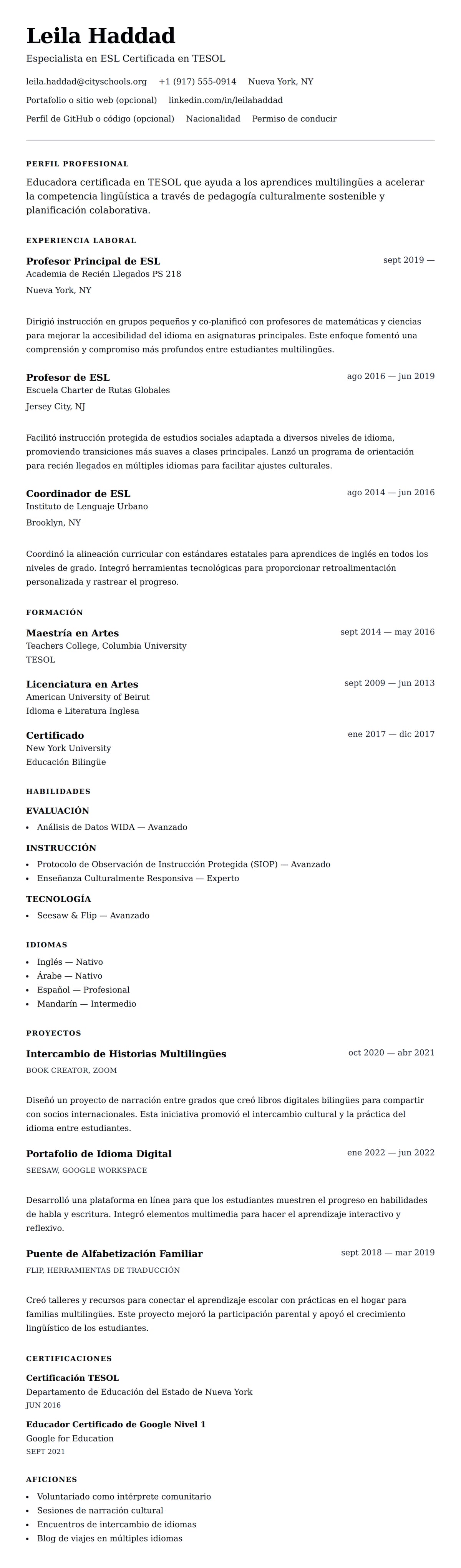 Vista previa del currículum Ejemplo de Currículum de Profesor de ESL