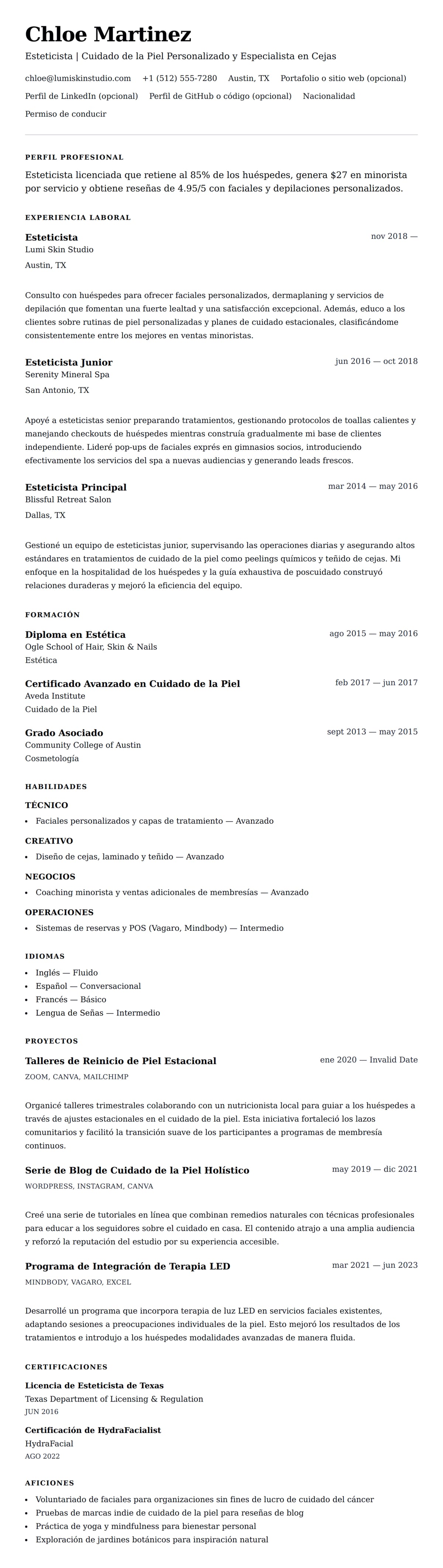 Vista previa del currículum Ejemplo de Currículum de Esteticista