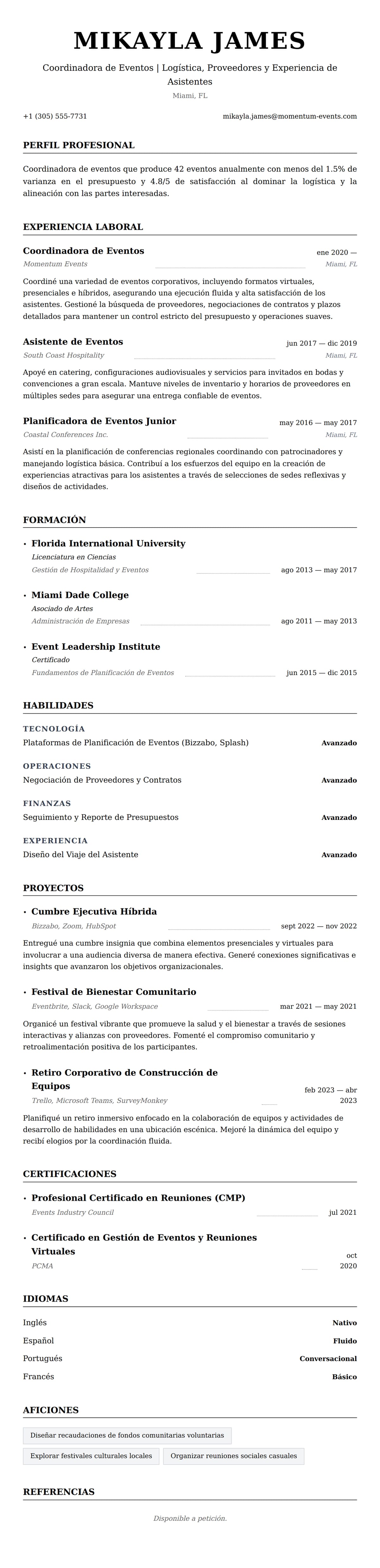 Vista previa del currículum Ejemplo de Currículum de Coordinador de Eventos