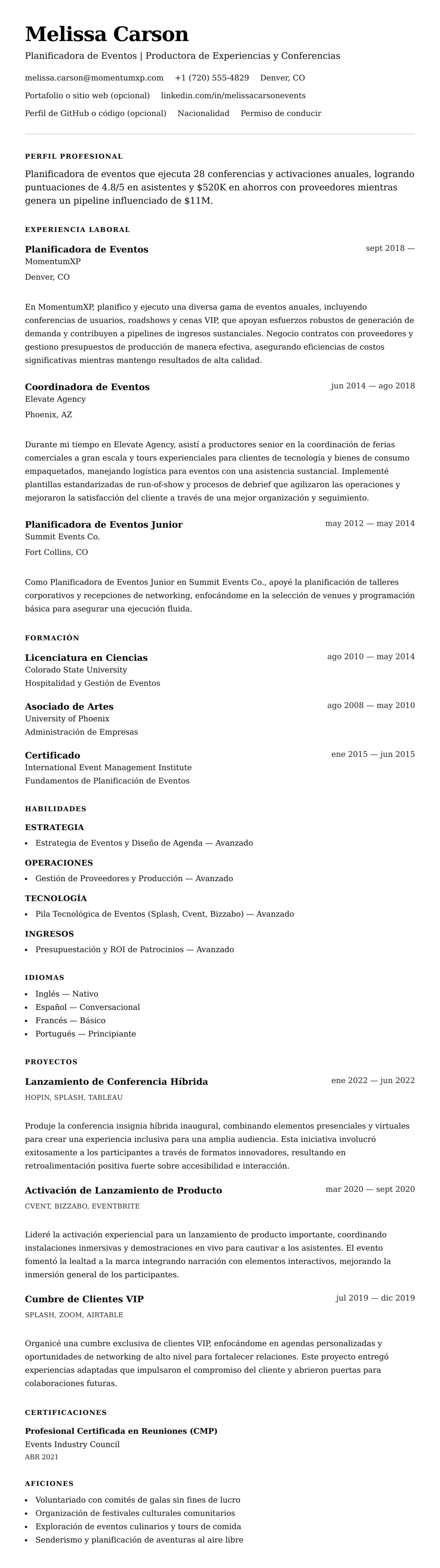 Vista previa del currículum Ejemplo de Currículum de Planificador de Eventos