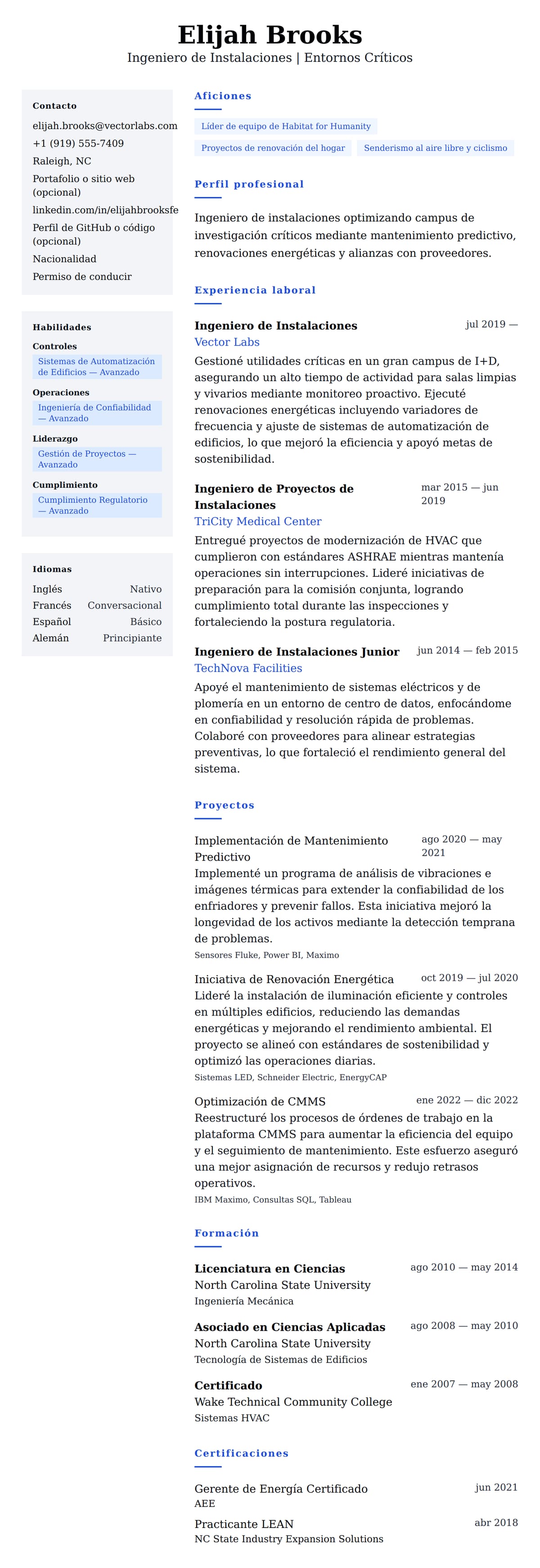 Vista previa del currículum Ejemplo de Currículum de Ingeniero de Instalaciones