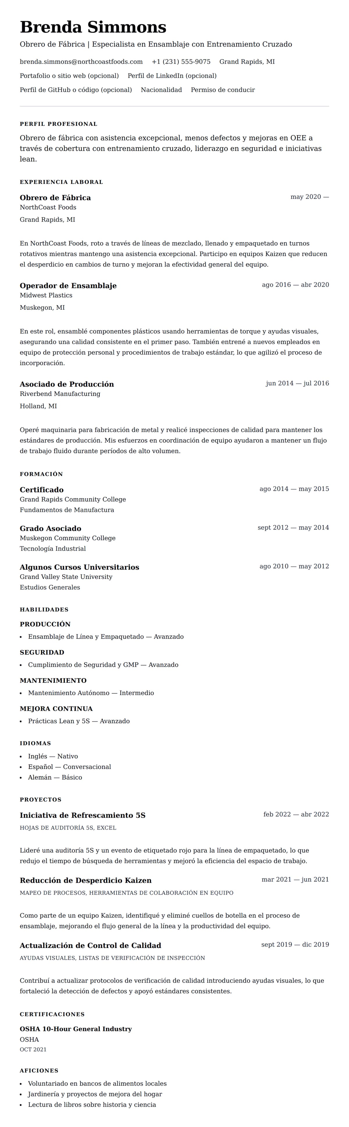 Vista previa del currículum Ejemplo de Currículum de Obrero de Fábrica