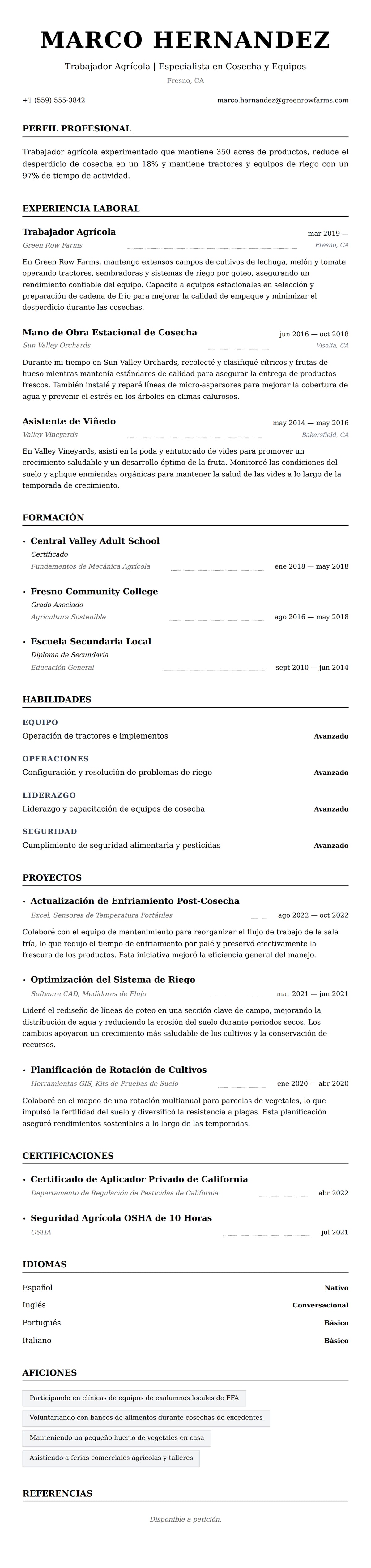 Vista previa del currículum Ejemplo de Currículum de Trabajador Agrícola
