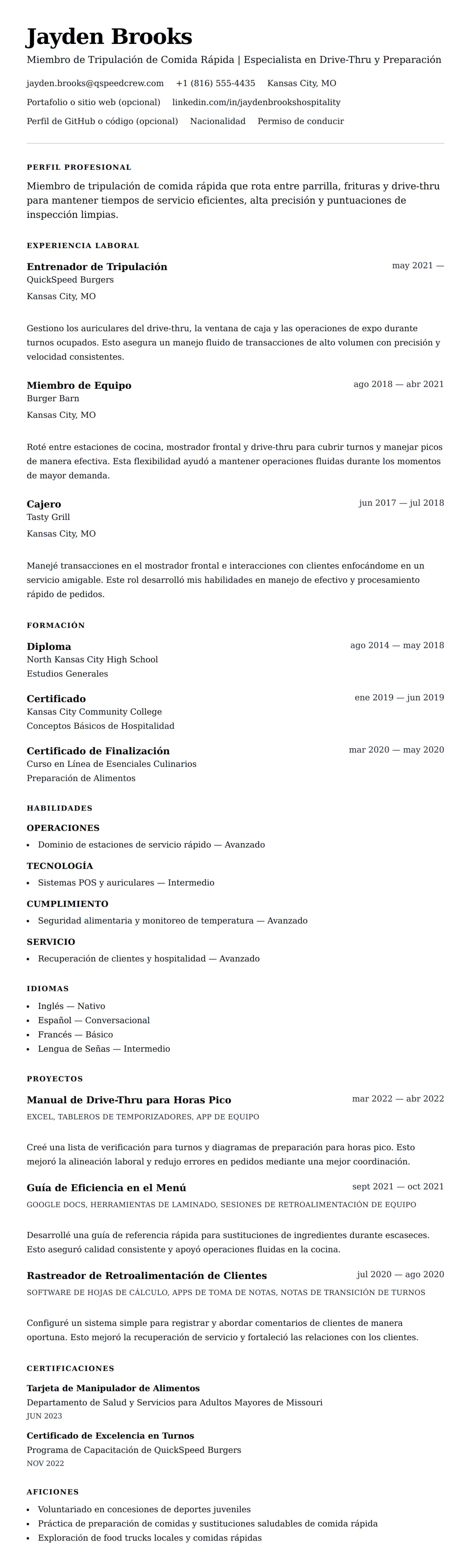 Vista previa del currículum Ejemplo de Currículum de Trabajador de Comida Rápida