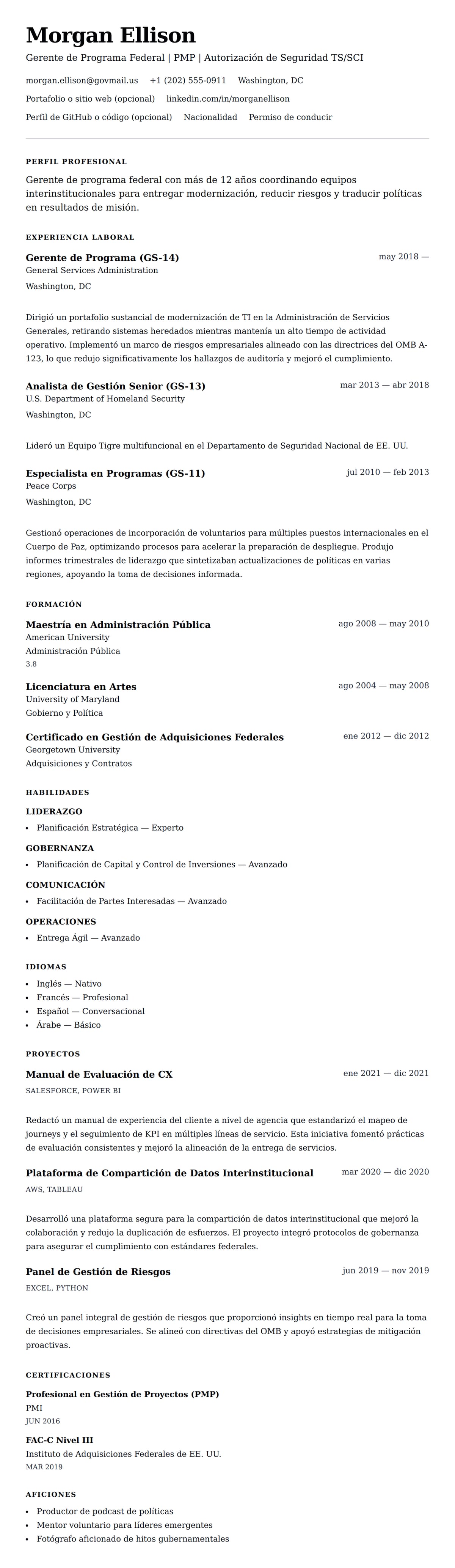 Vista previa del currículum Ejemplo de Currículum de Empleado Federal