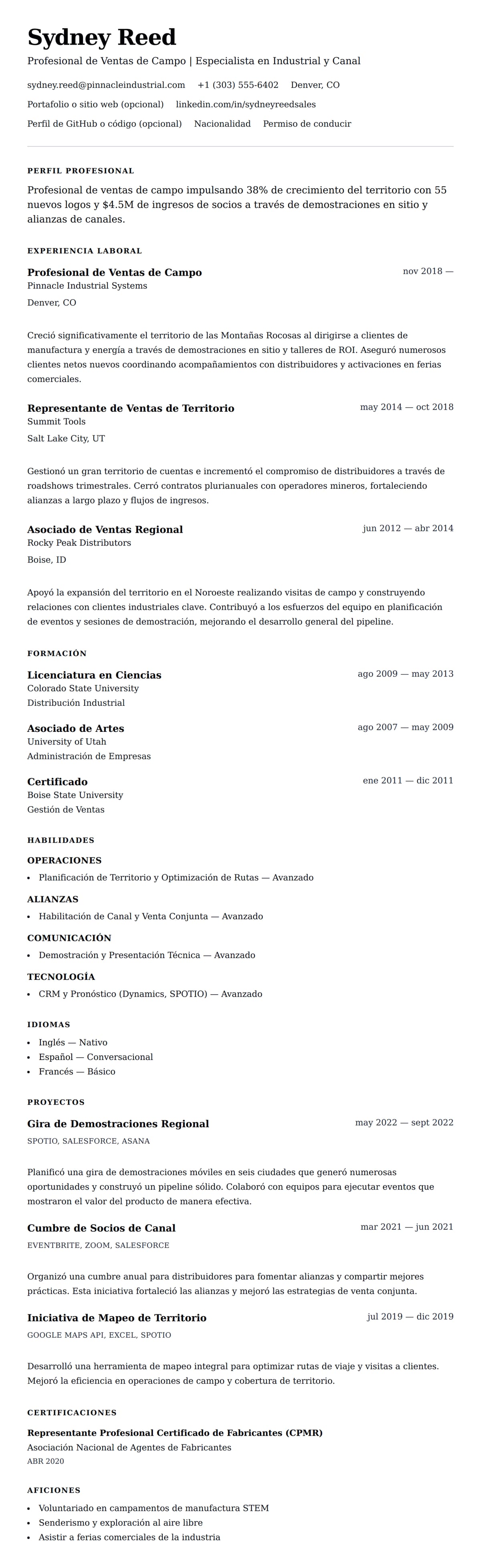 Vista previa del currículum Ejemplo de Currículum de Profesional de Ventas de Campo