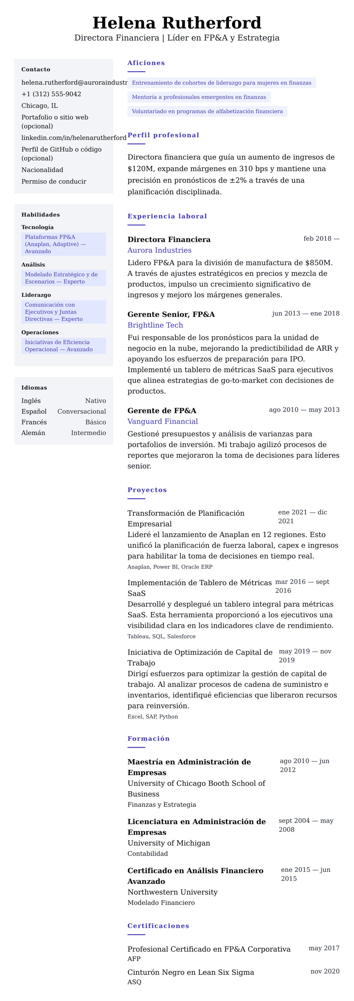 Vista previa del currículum Ejemplo de Currículum de Director Financiero